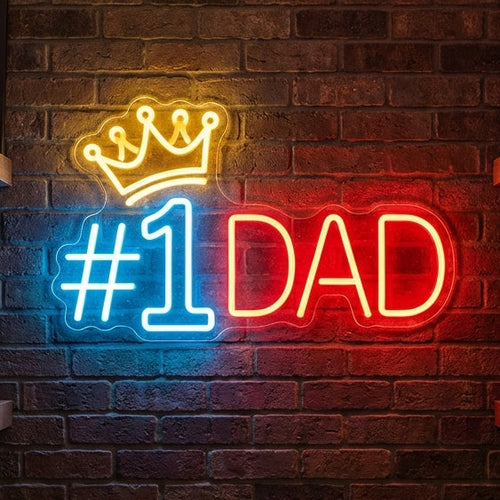 #1 DAD LED neon sign glowing in warm white on a dark background