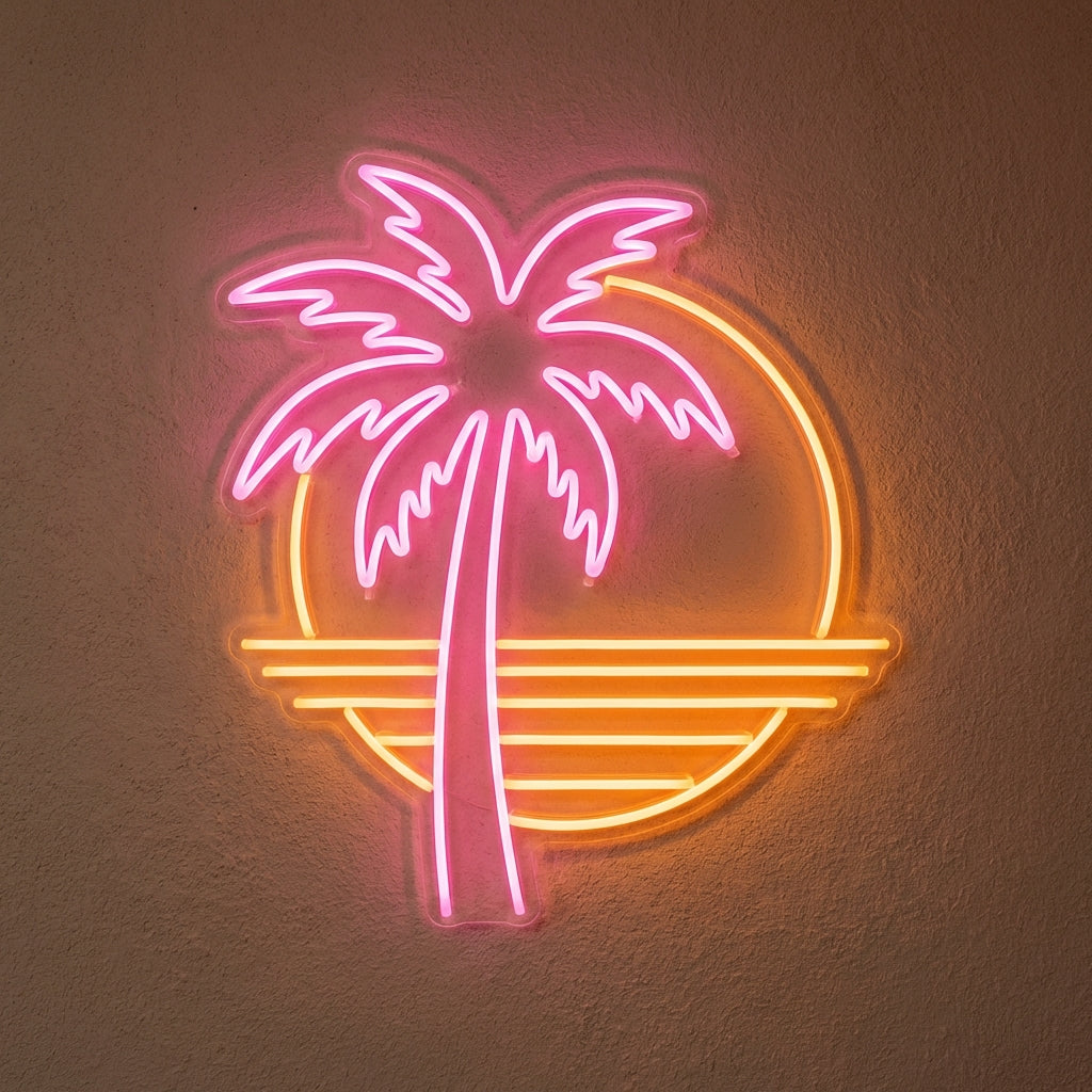 Palm Tree Sunset LED Neon Sign in pink and orange synthwave style