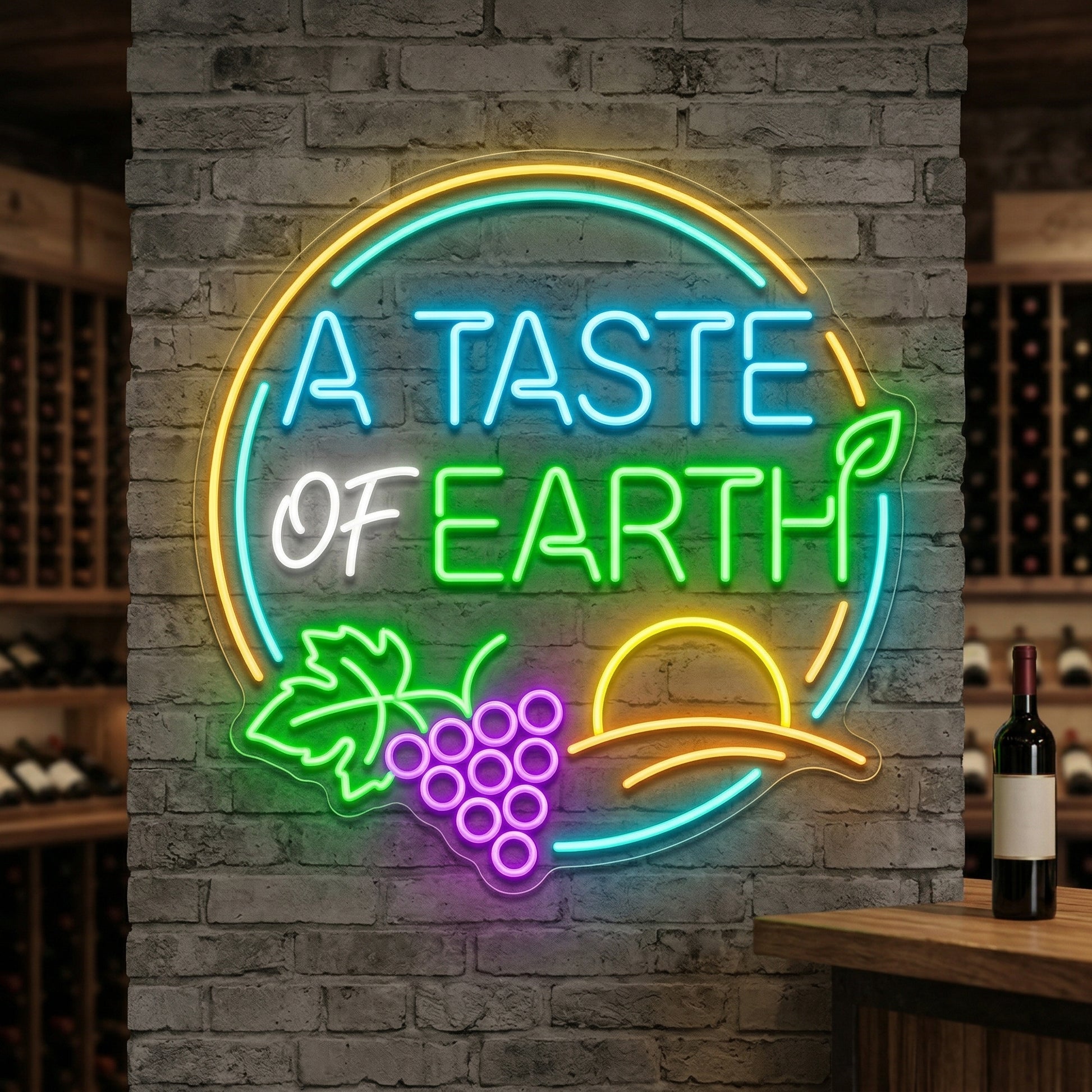 A Taste of Earth LED neon sign with grapes, vineyard leaves and circular frame in blue, green and gold neon