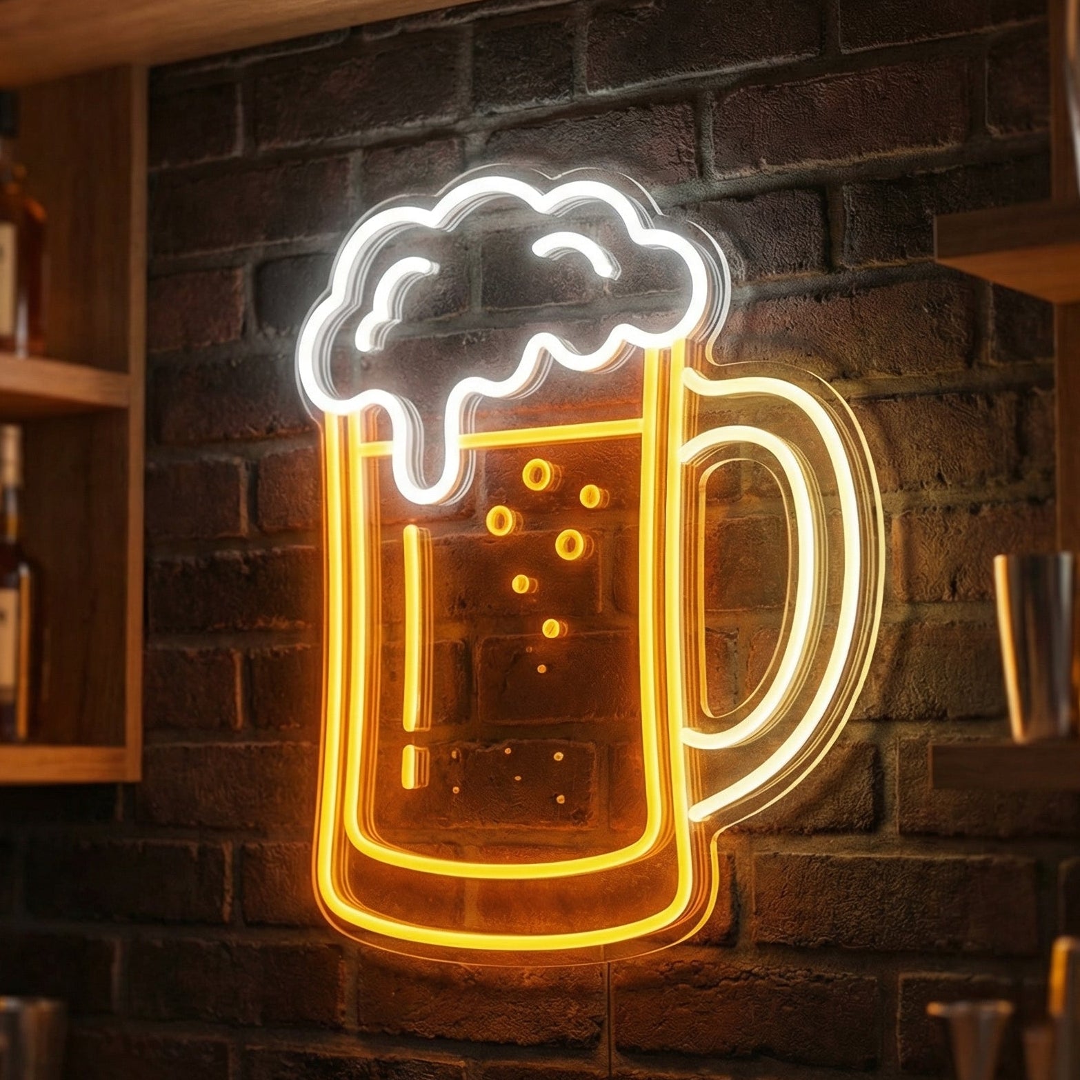Amber beer mug LED neon sign glowing in warm amber and white