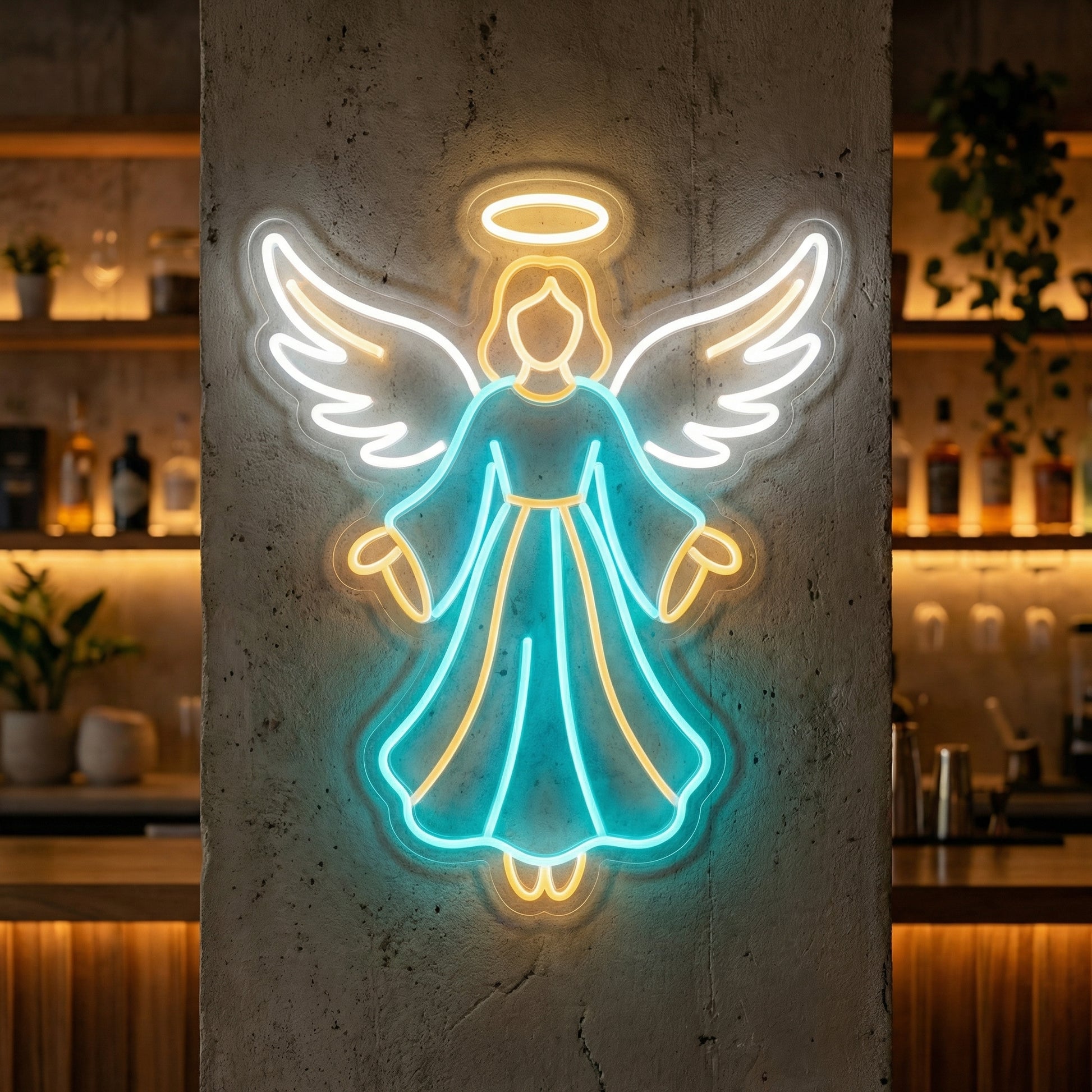 Angel LED neon sign glowing in teal, white, and gold with wings and halo