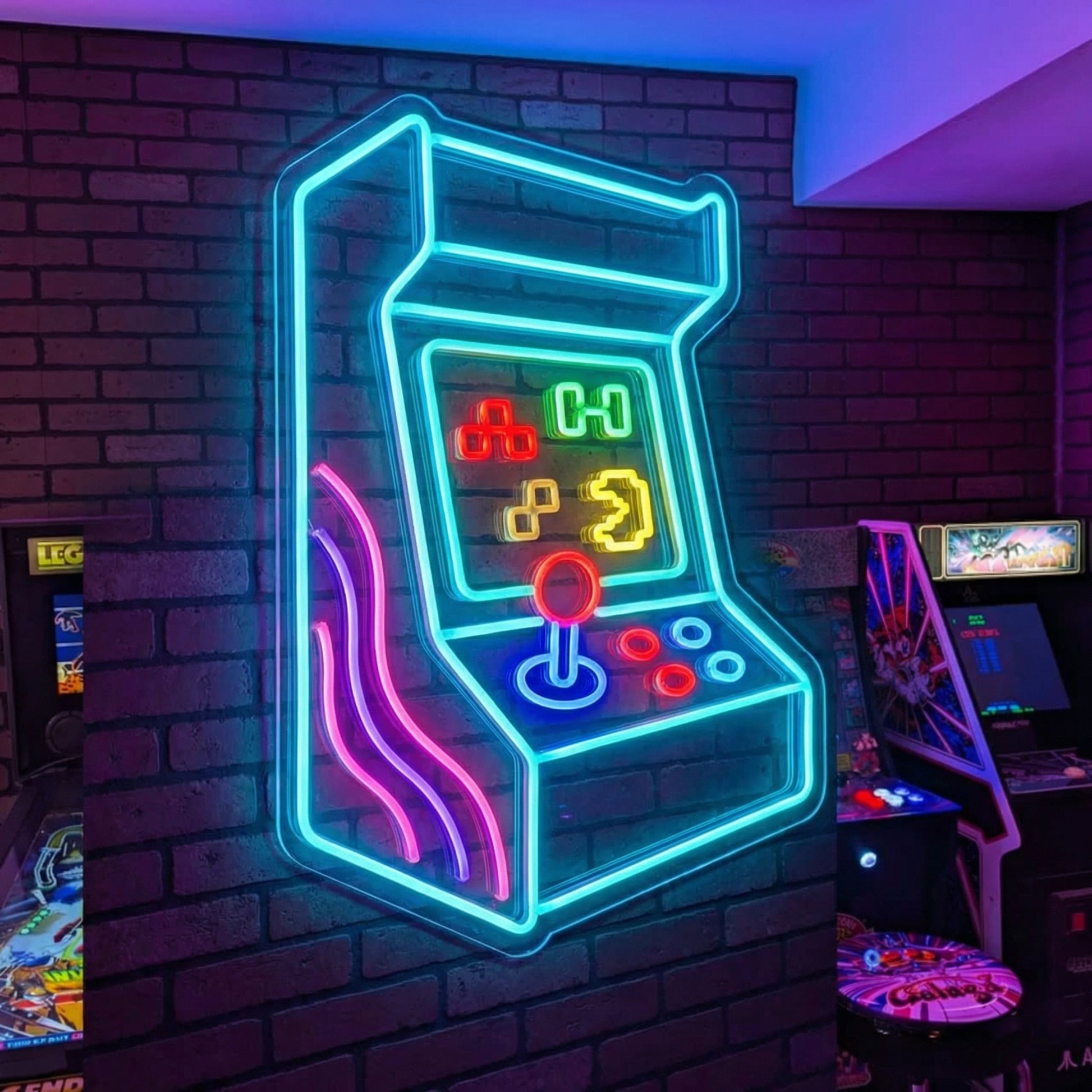 Arcade game room LED neon sign glowing in cyan, pink, red, yellow, and green with retro arcade cabinet design