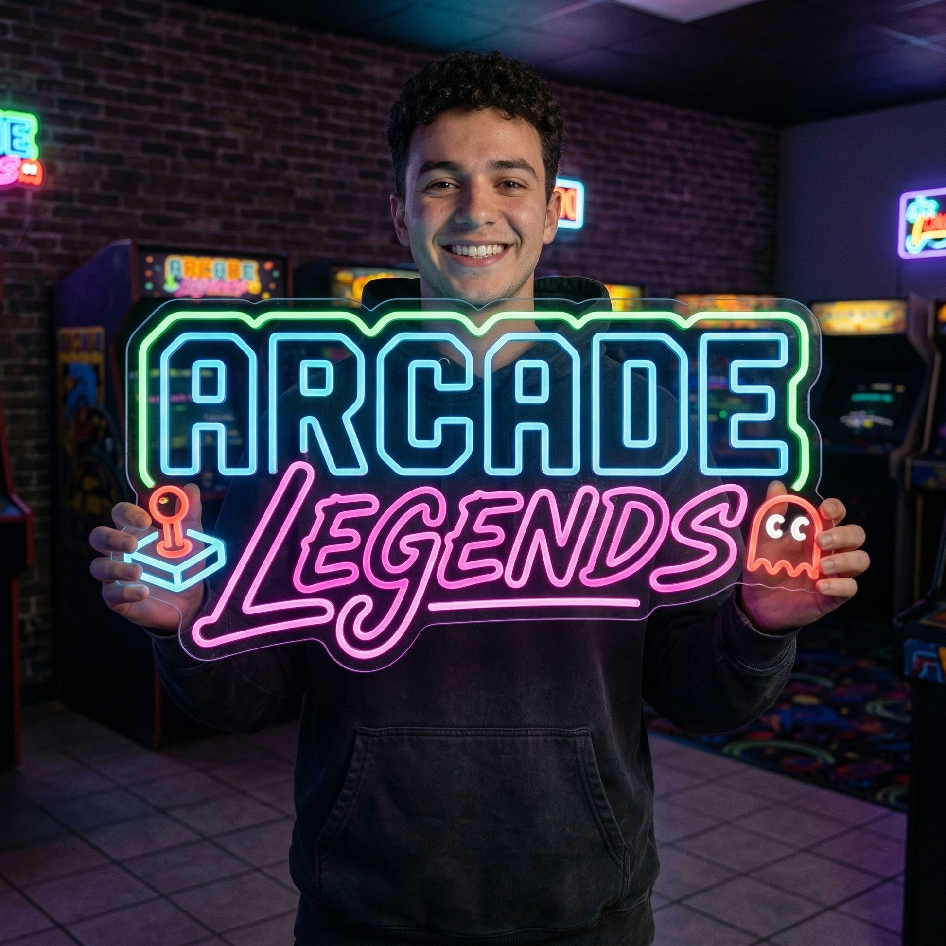 Arcade Legends LED Neon Sign lifestyle photo - person holding the sign