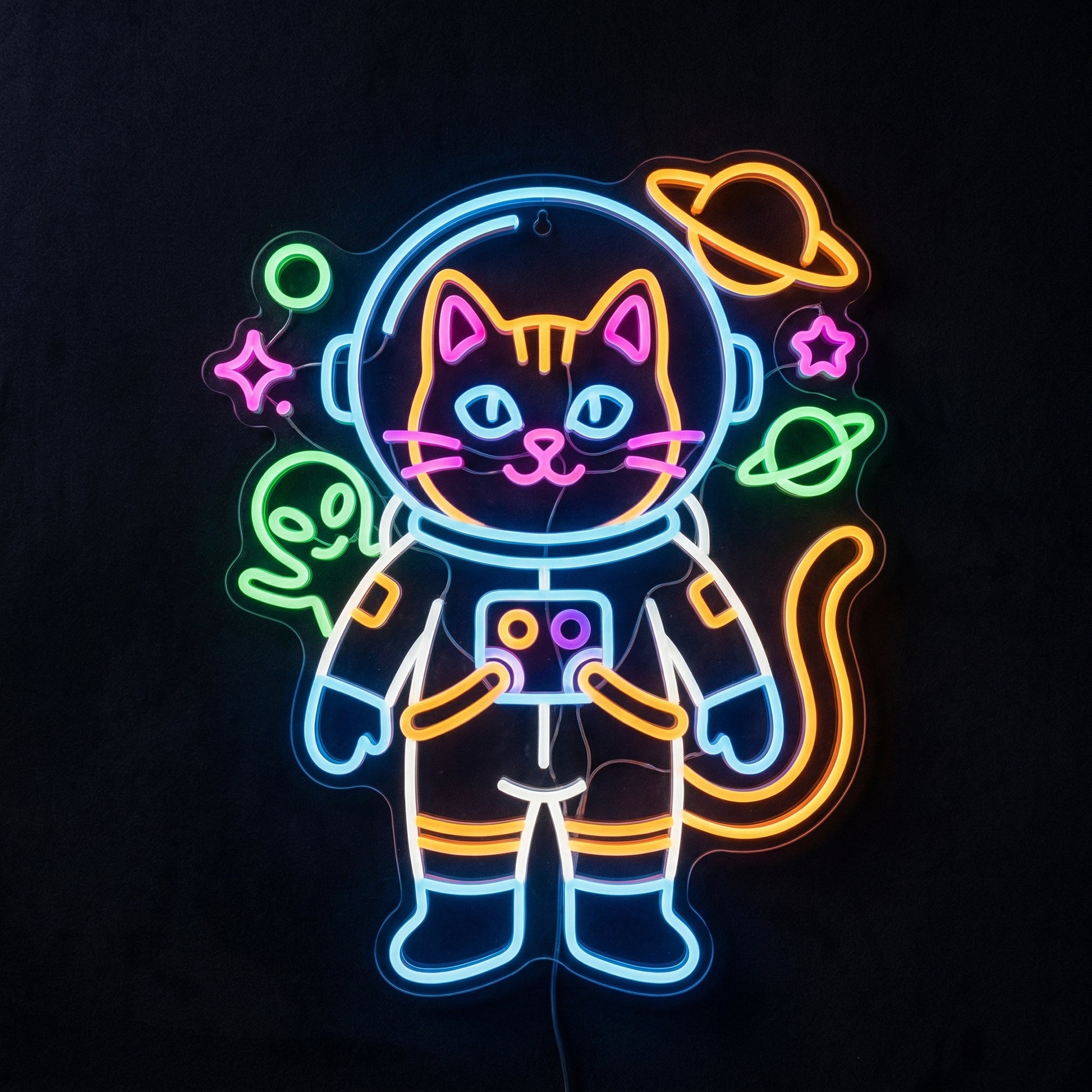 Astronaut Cat LED Neon Sign on dark background