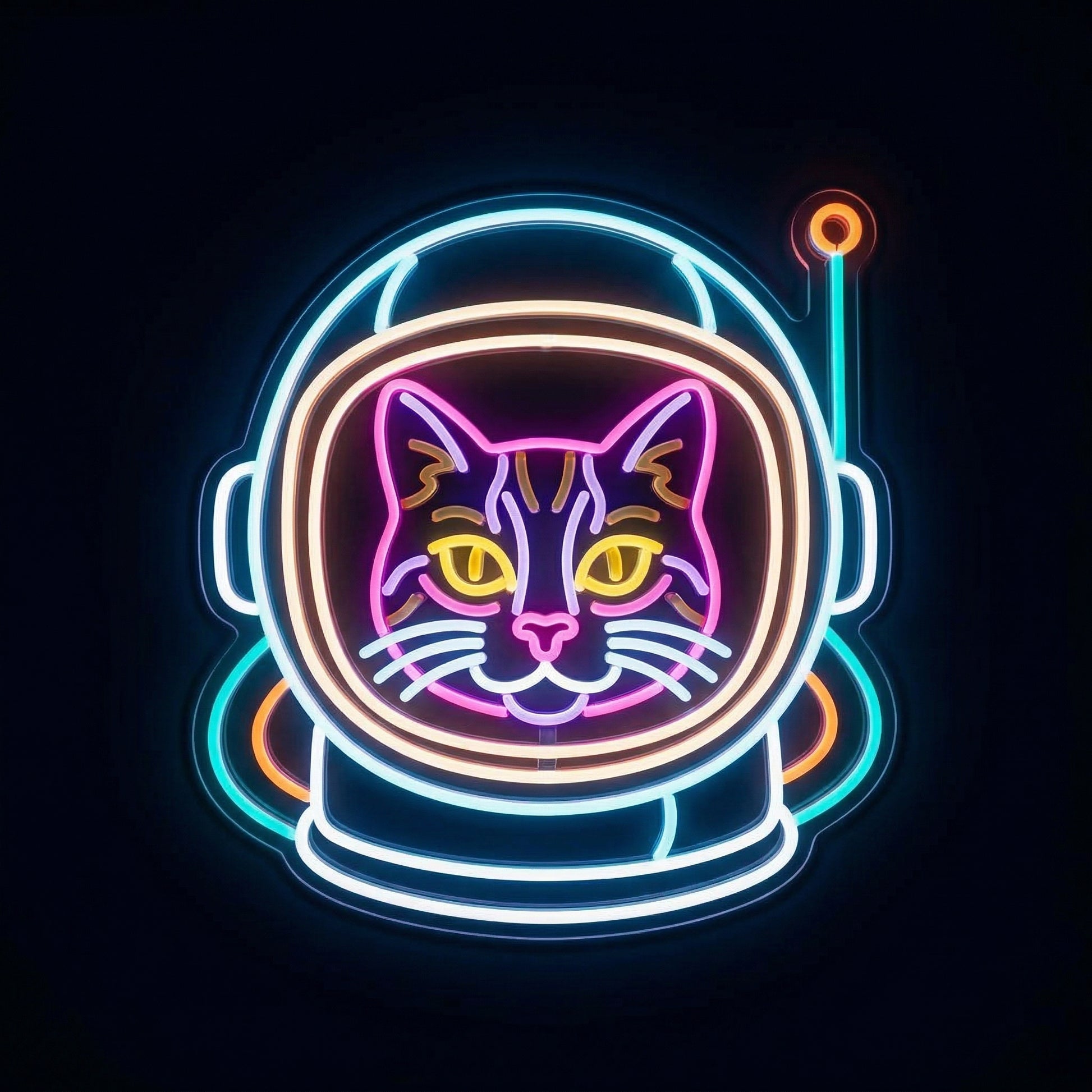 Astronaut Cat Helmet LED Neon Sign on dark background