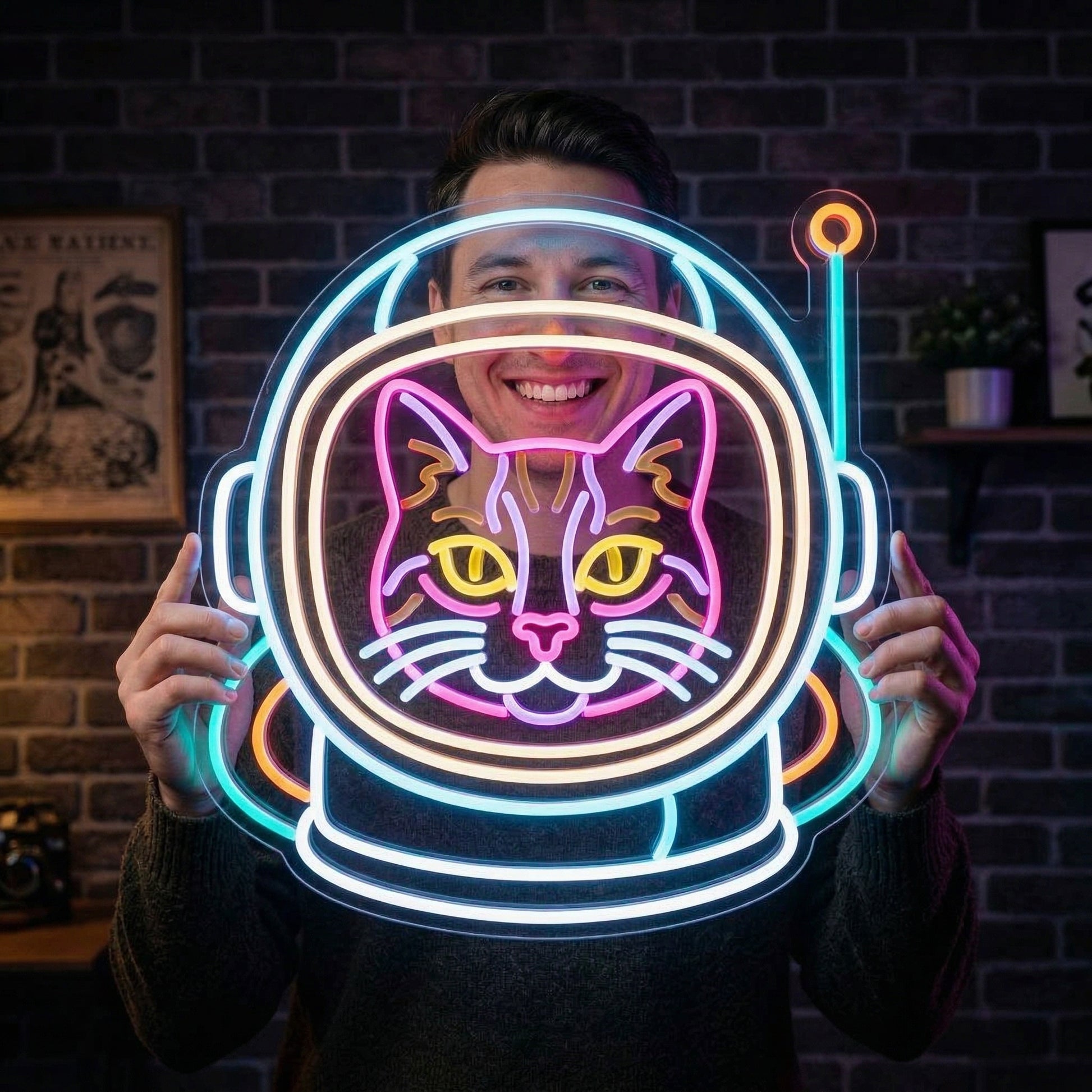 Astronaut Cat Helmet LED Neon Sign lifestyle photo - person holding the sign