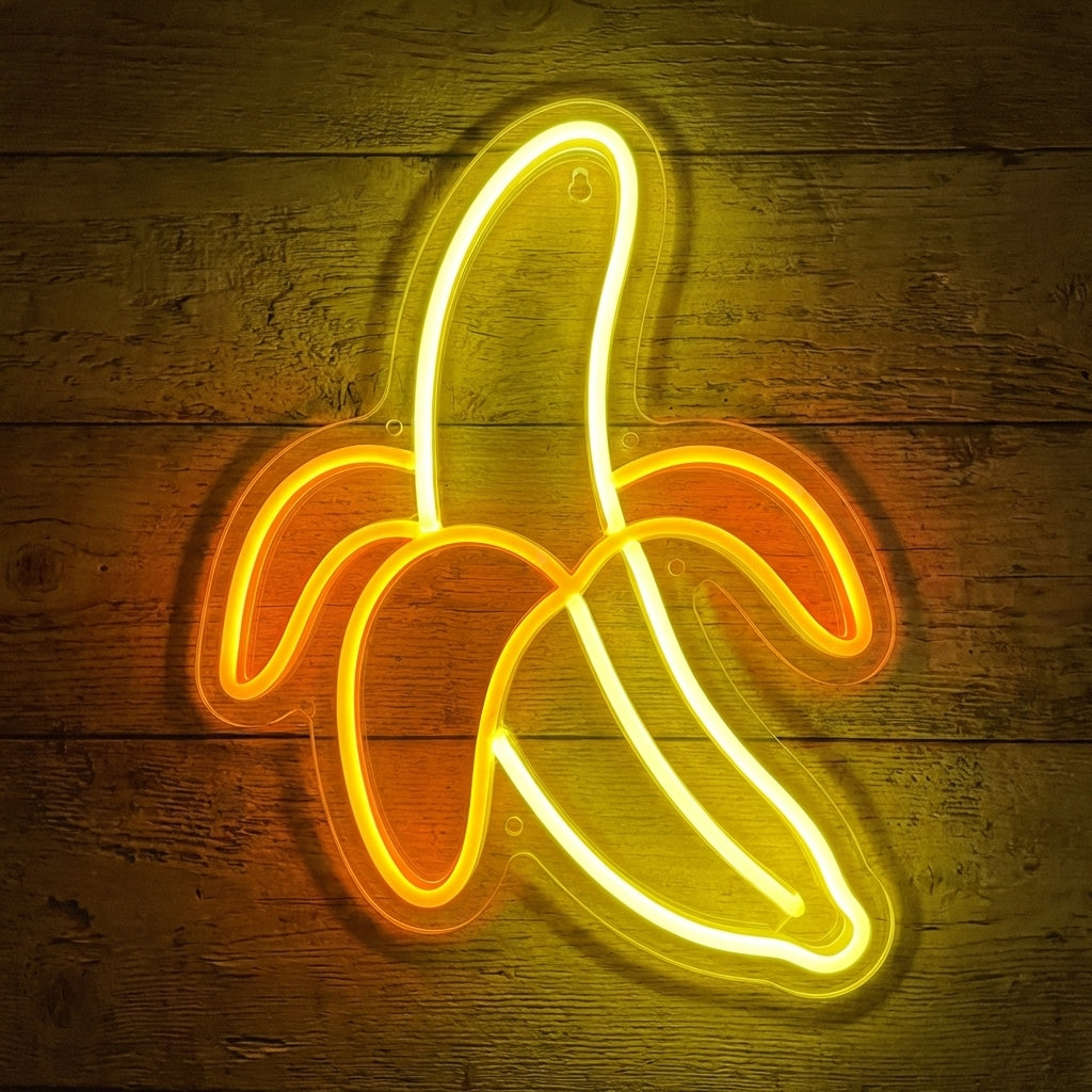Vibrant banana neon sign with yellow and orange glowing tubes on dark wooden background