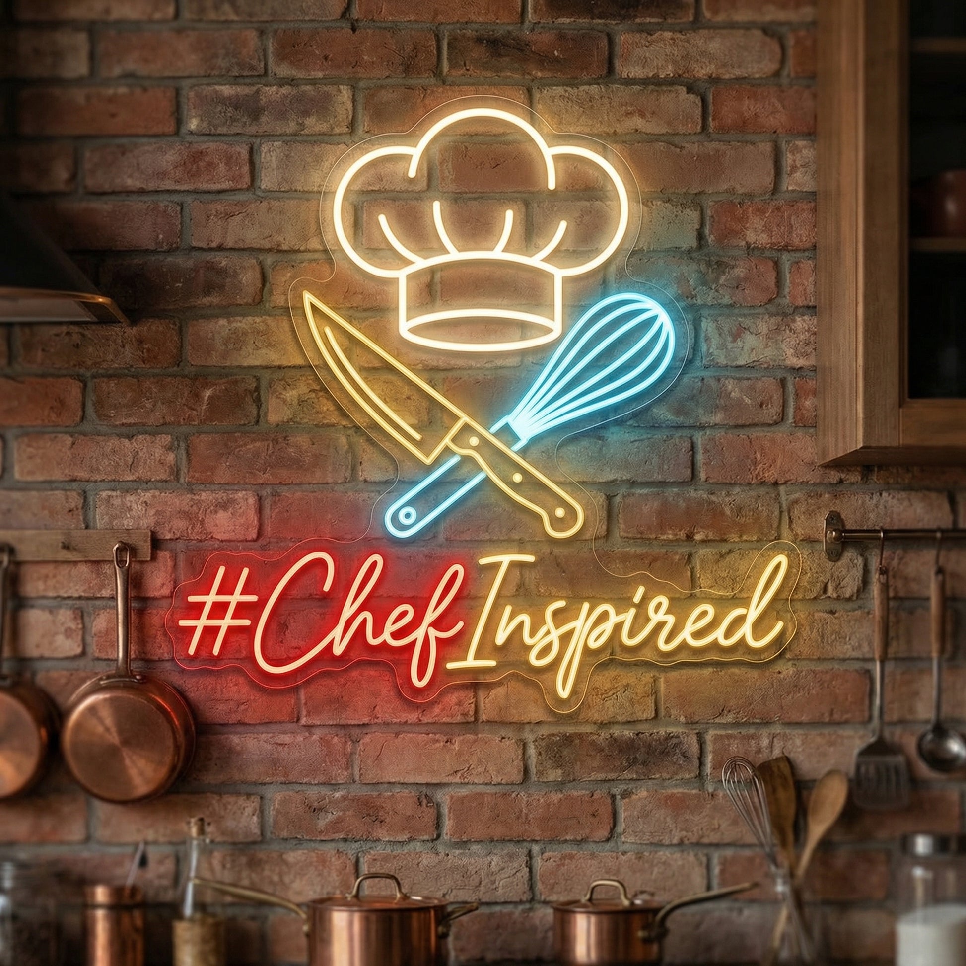 #ChefInspired LED neon sign with chef hat, knife, and whisk in red, gold, and blue neon