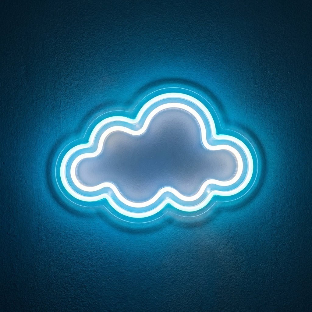 Dreamy cyan neon cloud sign with glowing outline on dark blue textured background