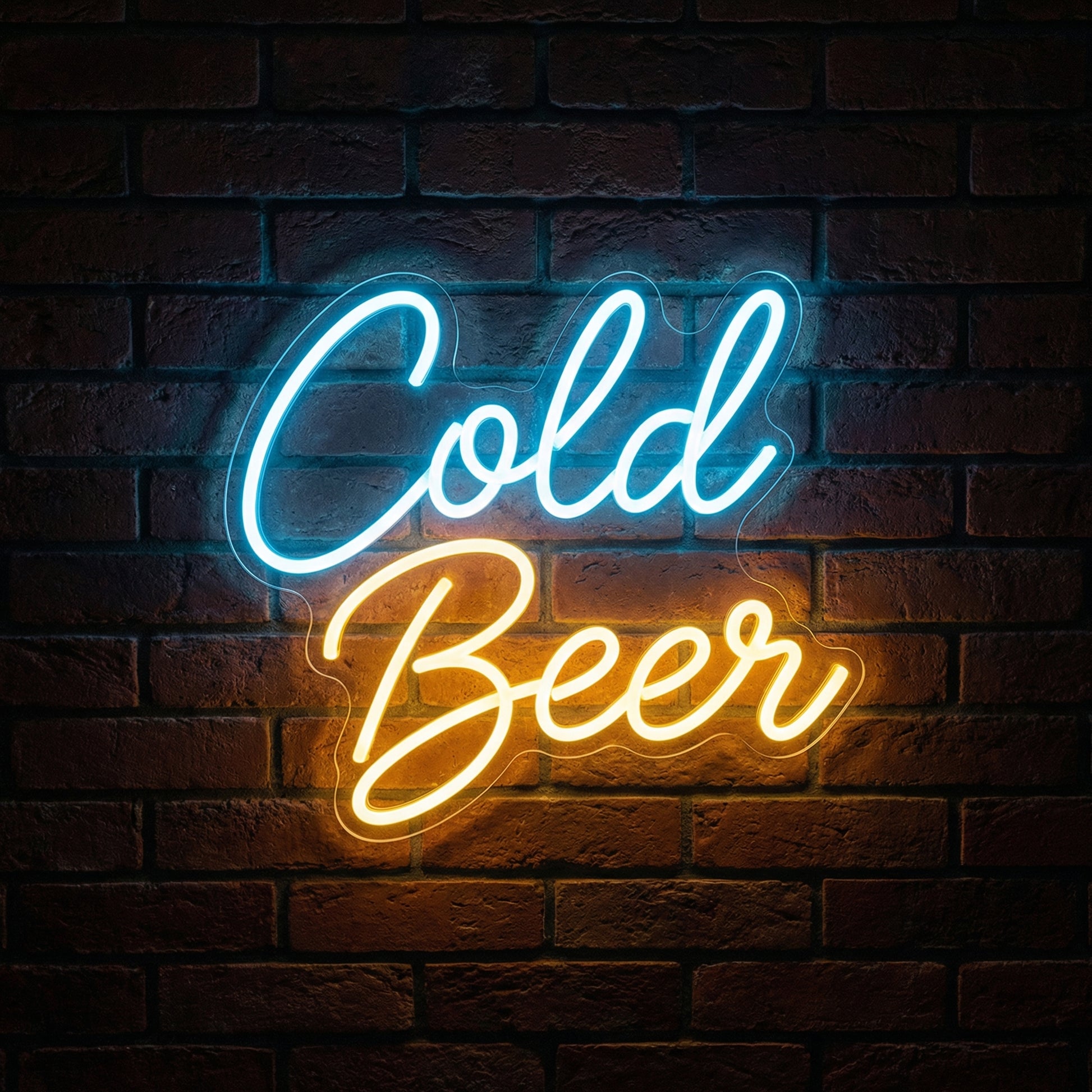 Cold Beer LED neon sign in blue and amber script on dark brick wall
