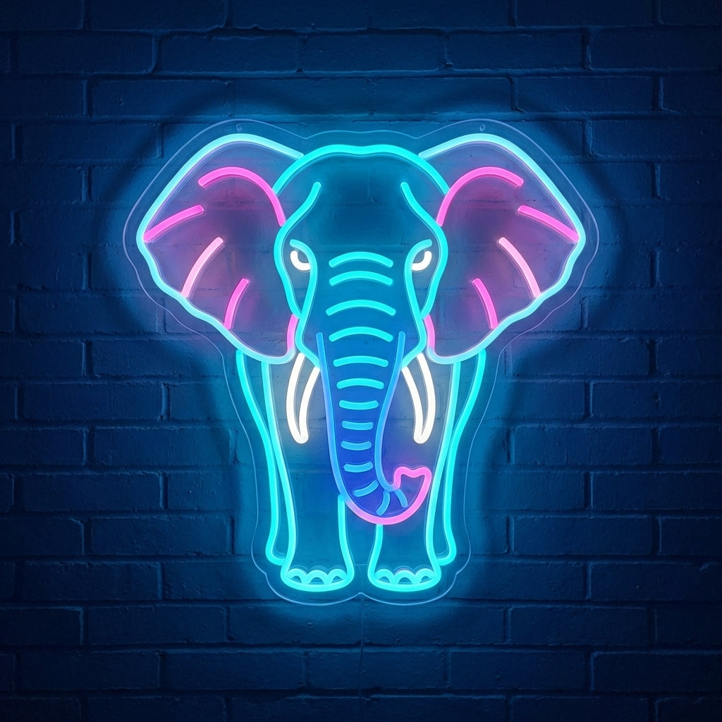 Vibrant colorful elephant neon sign with cyan, pink and white glowing tubes on dark brick background