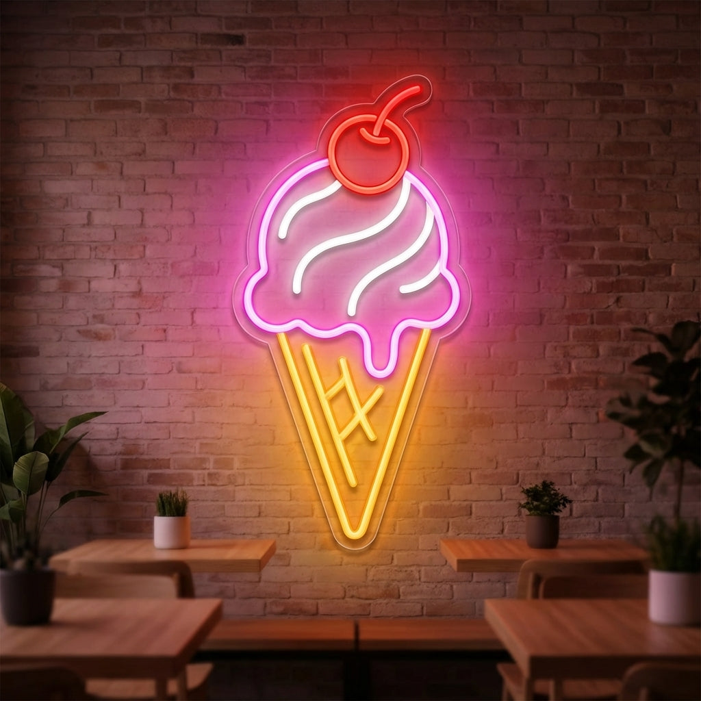 Colorful ice cream cone neon sign with pink, white and yellow glowing tubes and cherry on top