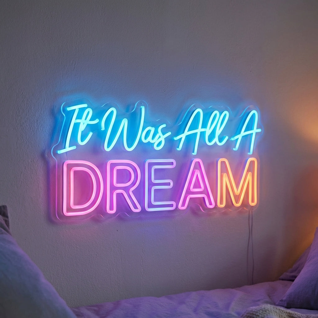 Inspirational neon sign with cyan and pink glowing tubes displaying dreamy quote