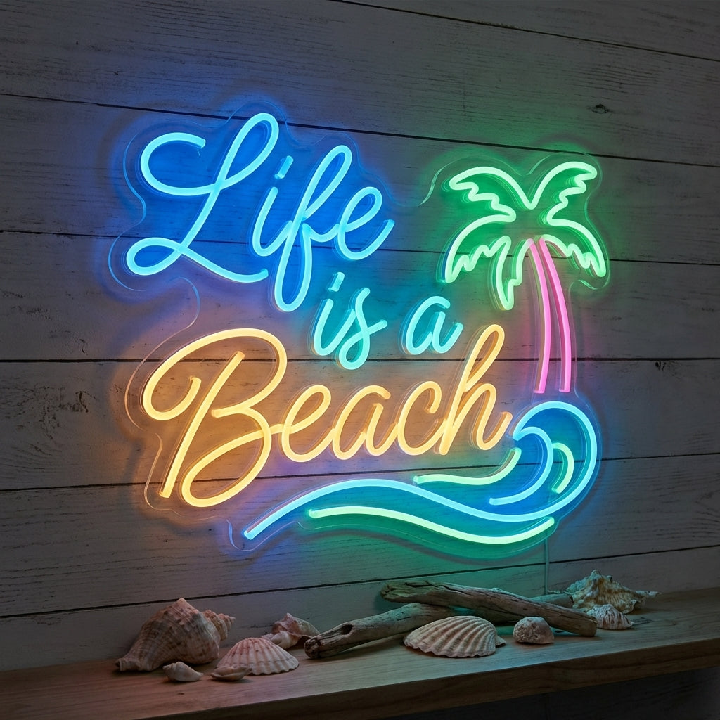 Colorful beach neon sign with cyan, green, yellow and pink tubes showing palm tree and wave design