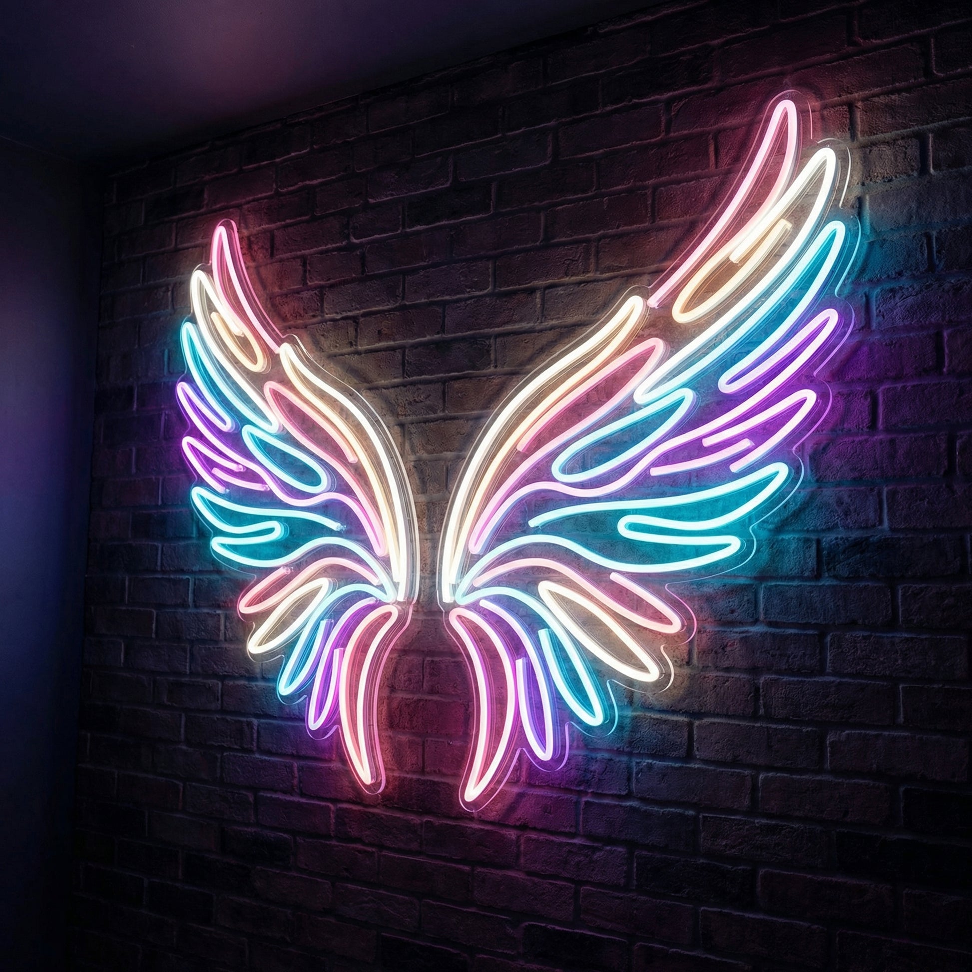 Modern Angel Wings LED neon sign with sweeping celestial wings glowing on dark background