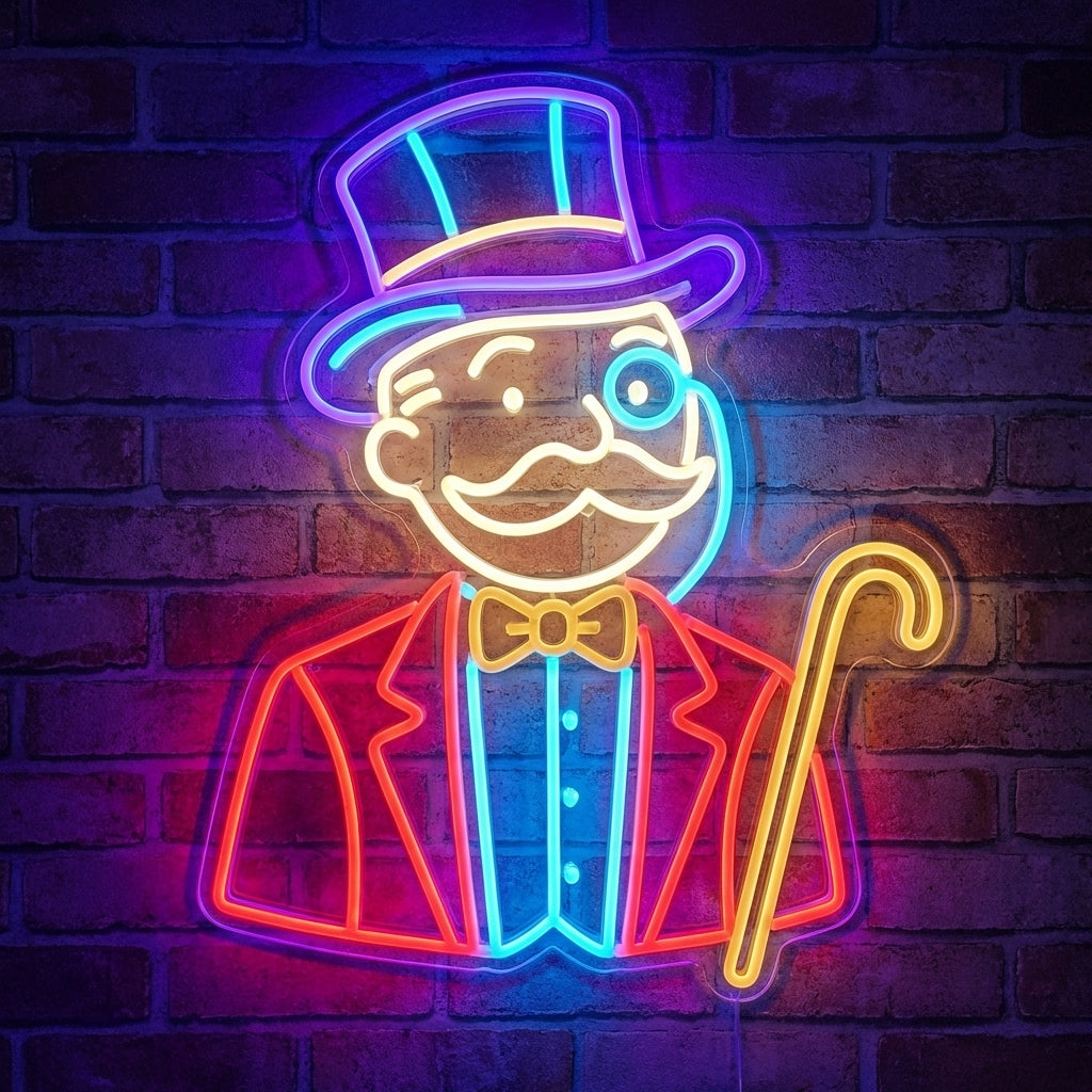 Colorful monopoly man character neon sign with cyan, red and yellow glowing tubes wearing top hat