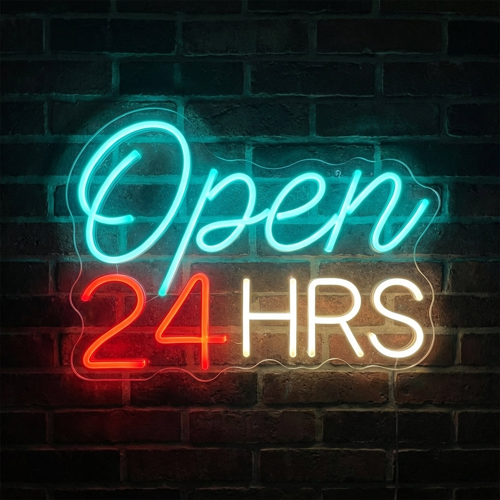 Classic open 24 hours neon sign with white and red glowing tubes