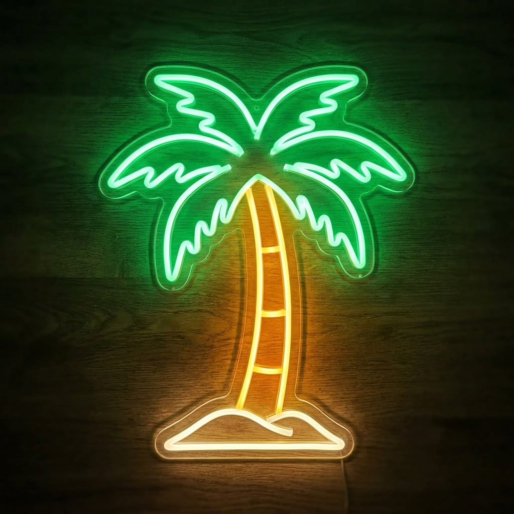Cyan neon palm tree silhouette sign on dark tropical background
