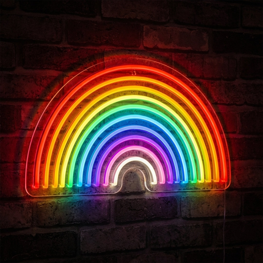 Colorful rainbow arc neon sign with cyan and pink glowing tubes on dark background