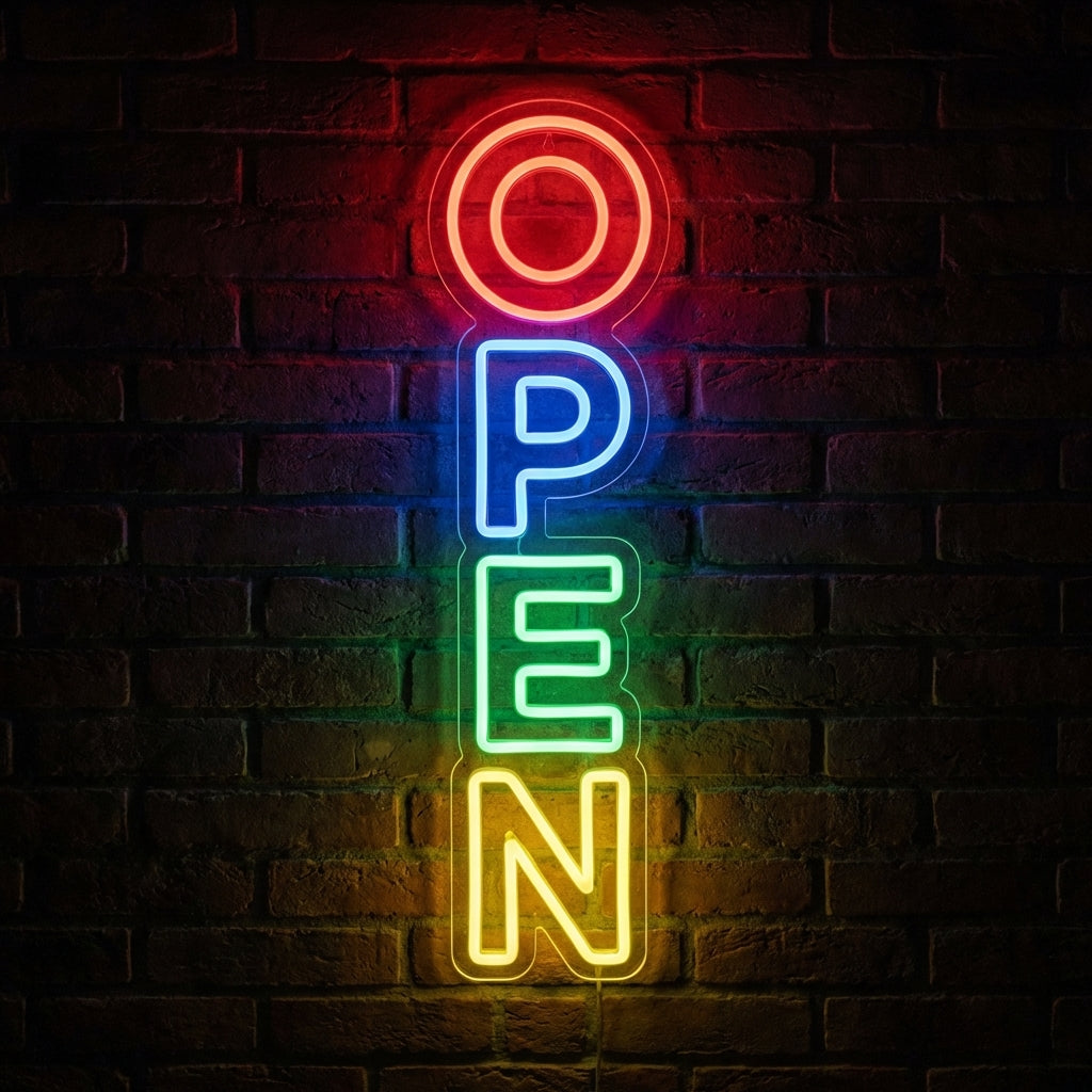 Modern vertical open neon sign with white glowing tubes on dark background