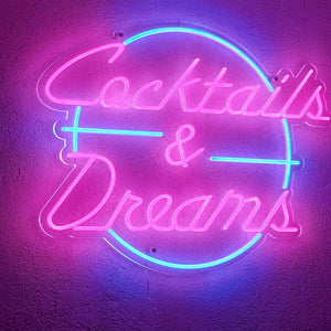 Cocktails & Dreams Neon Sign, Retro 80's Bar Neon Sign, Arcade or Man-cave LED Light, Custom Neon Signs