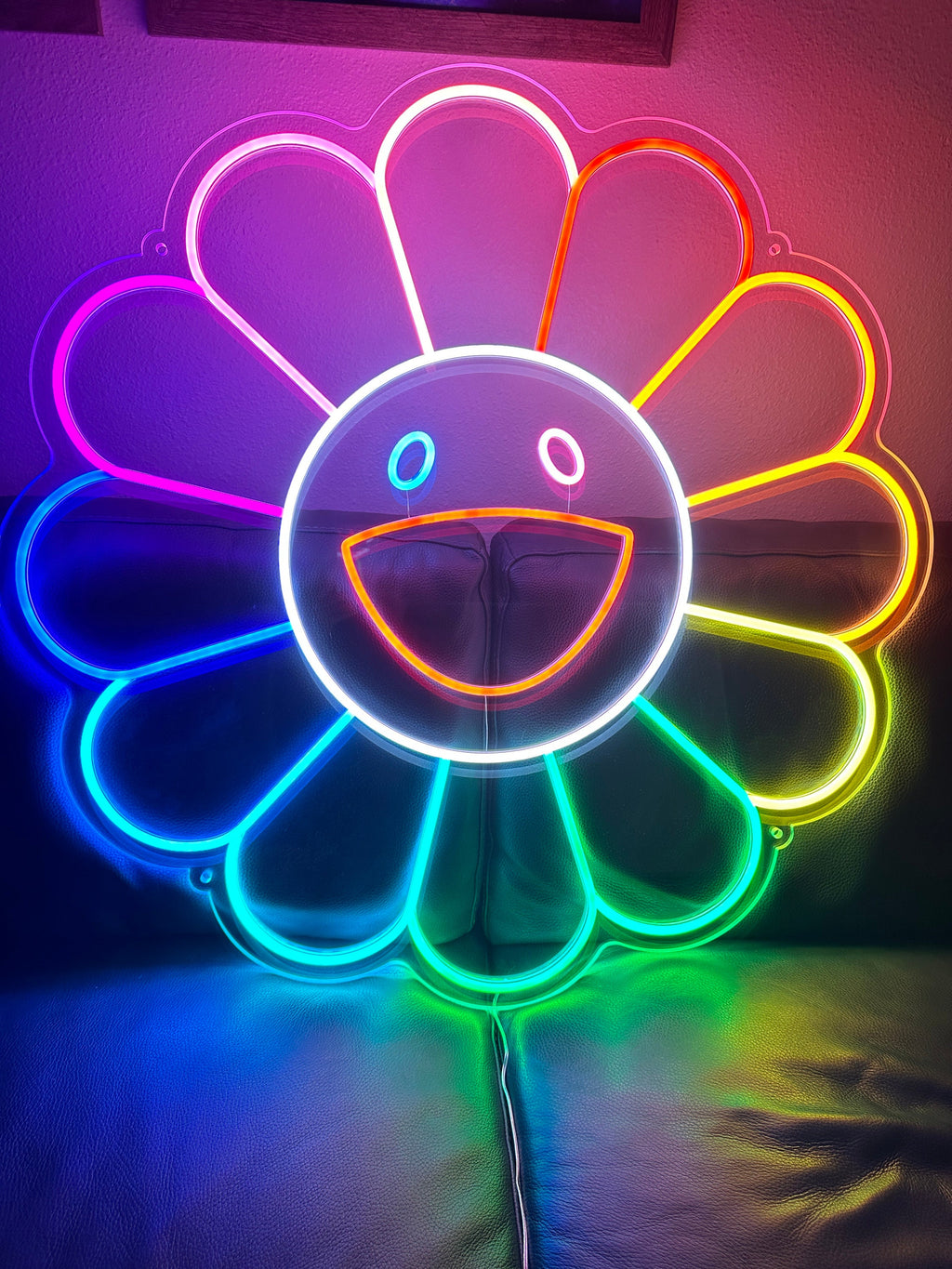 Happy Sunflower Neon Sign for littel girls room, Peace, Love, and Happiness Emoji LED Neon Signs, Cute Art Gift for Her